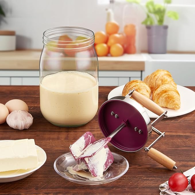 Butter Churn - Wooden Handle Shakes Stainless Steel Gear Manual Butter Maker, Butter Churner Hand Crank Mason Jar, Baking of Top Gadgets Butter Maker Cream Mixer (51oz)