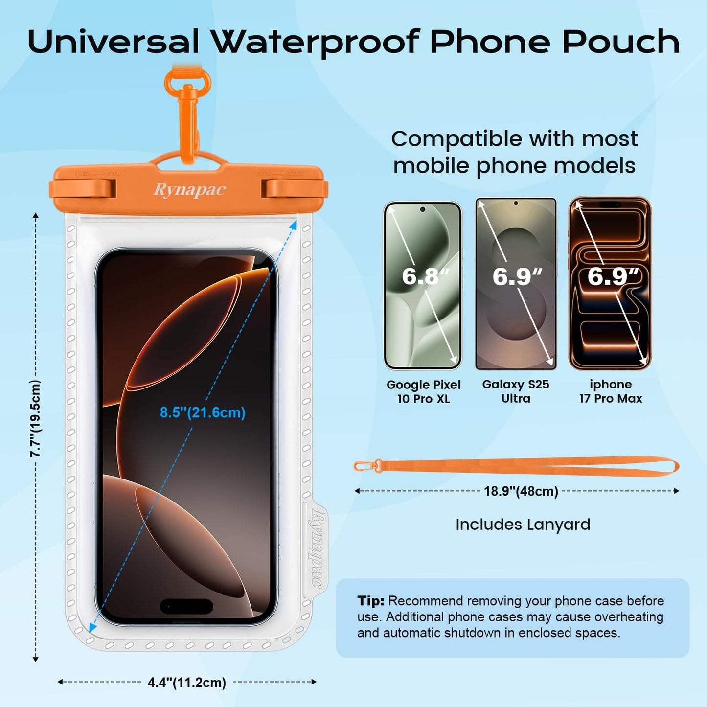 Rynapac IPX8 Waterproof Phone Pouch - 8.5in, 2 Pack Waterproof Phone Case for iPhone 17 16 15 Pro Max, Galaxy S26 S25 Ultra, Cellphone Dry Bag with Lanyard for Beach Vacation Travel Cruise Essentials