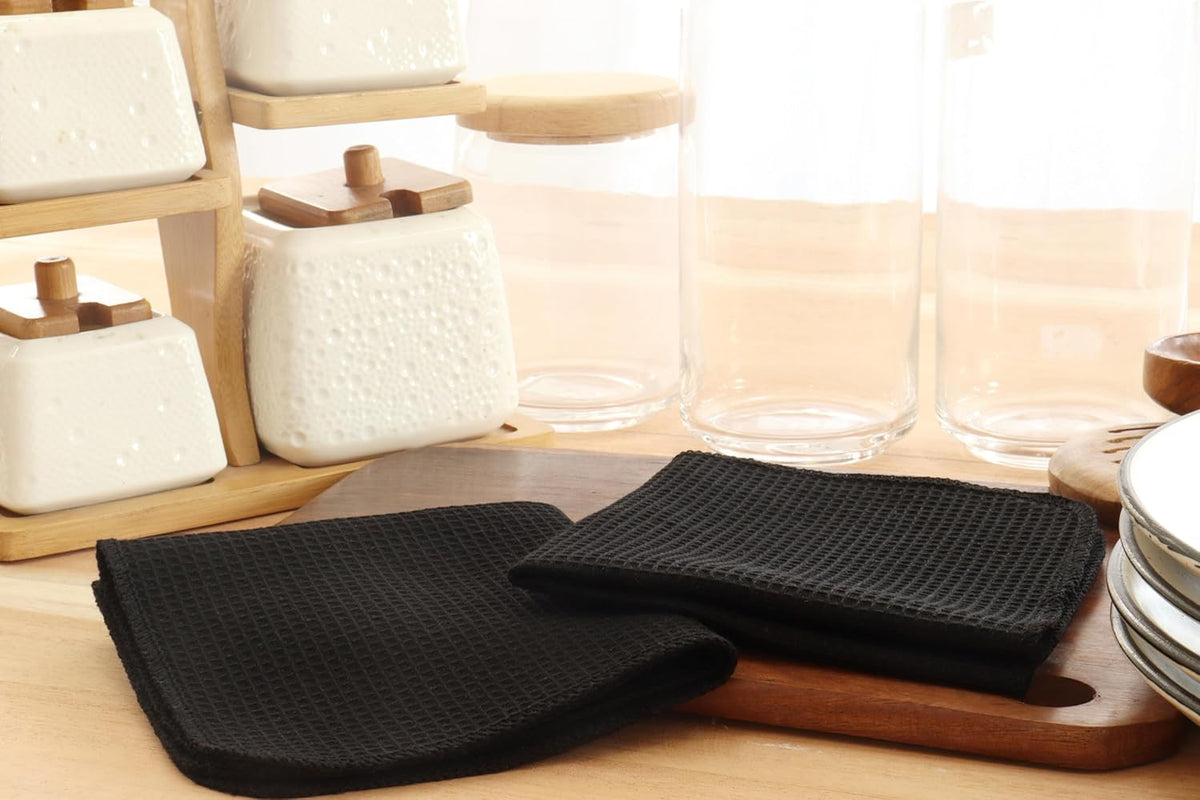PurpleEssences Dish Cloths and Dish Rags - 8 Pack Waffle Weave Solid Kitchen Dish Wash Cloths, 100% Cotton, 12 x 12 Inches, Ultra Soft Absorbent Quick Drying - Spring Summer - Black