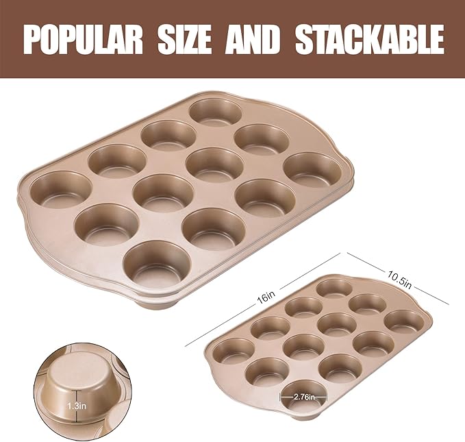 2 Pack Nonstick Muffin Pan Set, 12-Cup Heavy Duty Cupcake Baking Pan with Handles - PFOA-Free Muffin Tin, Rust Proof & Warp Resistant, Oven Safe 430°F (Gold)