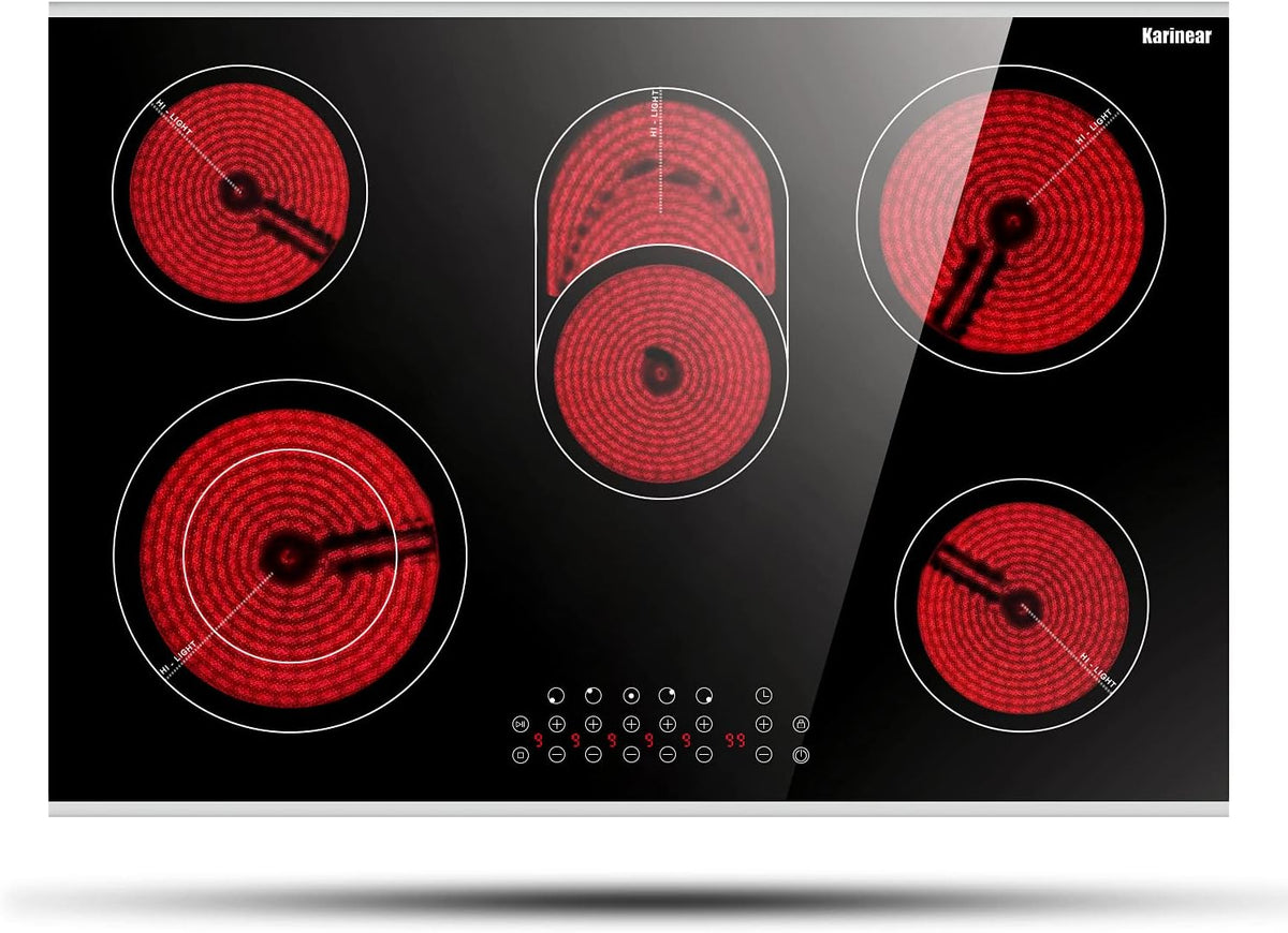 Karinear 30 Inch Electric Cooktop 30 Inch 5 Burners Electric Stove Ceramic Cooktop, Drop-in Electric Radiant Cooktop with Front and Back Metal Frame, Lock, Timer, 8400W, 220-240V, Hard Wire, No Plug
