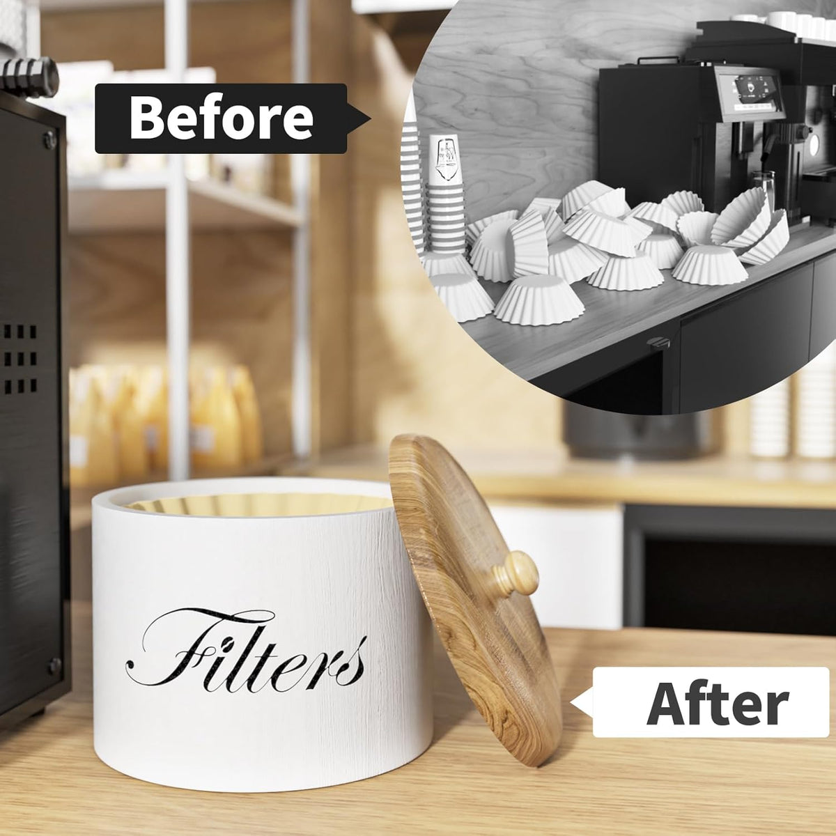 Wooden Coffee Filter Holder, Basket Storage Container for Counter, Black Small Bar Accessories for Coffee Bar Station(White Wooden)