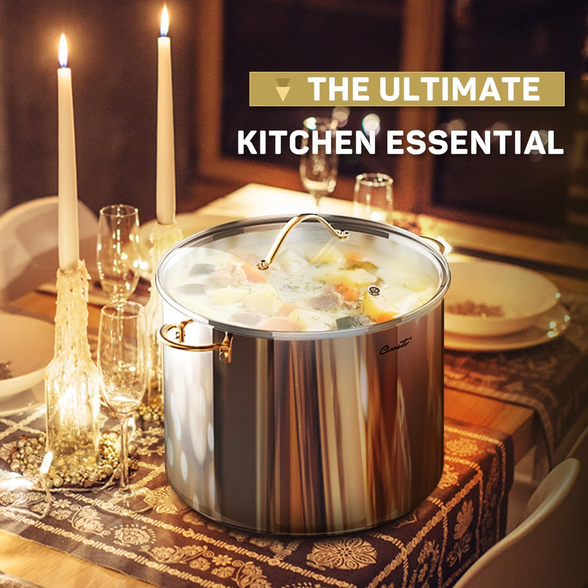 Stock Pot 20 Quart, 3 Ply Stainless Steel Stock Pot with Lid, 20 Quart Soup Pot with Copper Handle, Healthy Stockpots, Induction, Oven, Gas and Dishwasher Safe