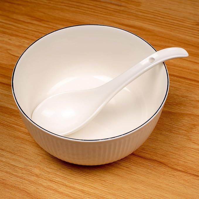 Soup Spoons Set of 8, Ceramic Chinese Soup Spoon, Asian Soup Spoons, White Japanese Spoon Large for Ramen Pho Wonton Dumpling Miso, Deep Oval Hook Design (8 pcs-6.7 inch)