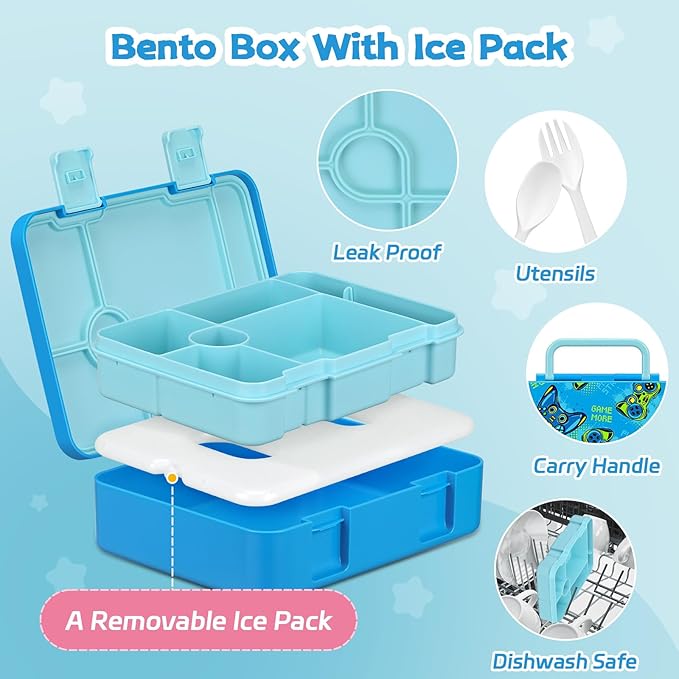 Bento Lunch Box Kids and 9oz Soup Thermos – 5.5-Cup Leakproof Kids Bento Box with Ice Pack & 9oz Insulated Food Jar – Hot & Cold Food Lunch Container for Boy Girl School, Blue Set