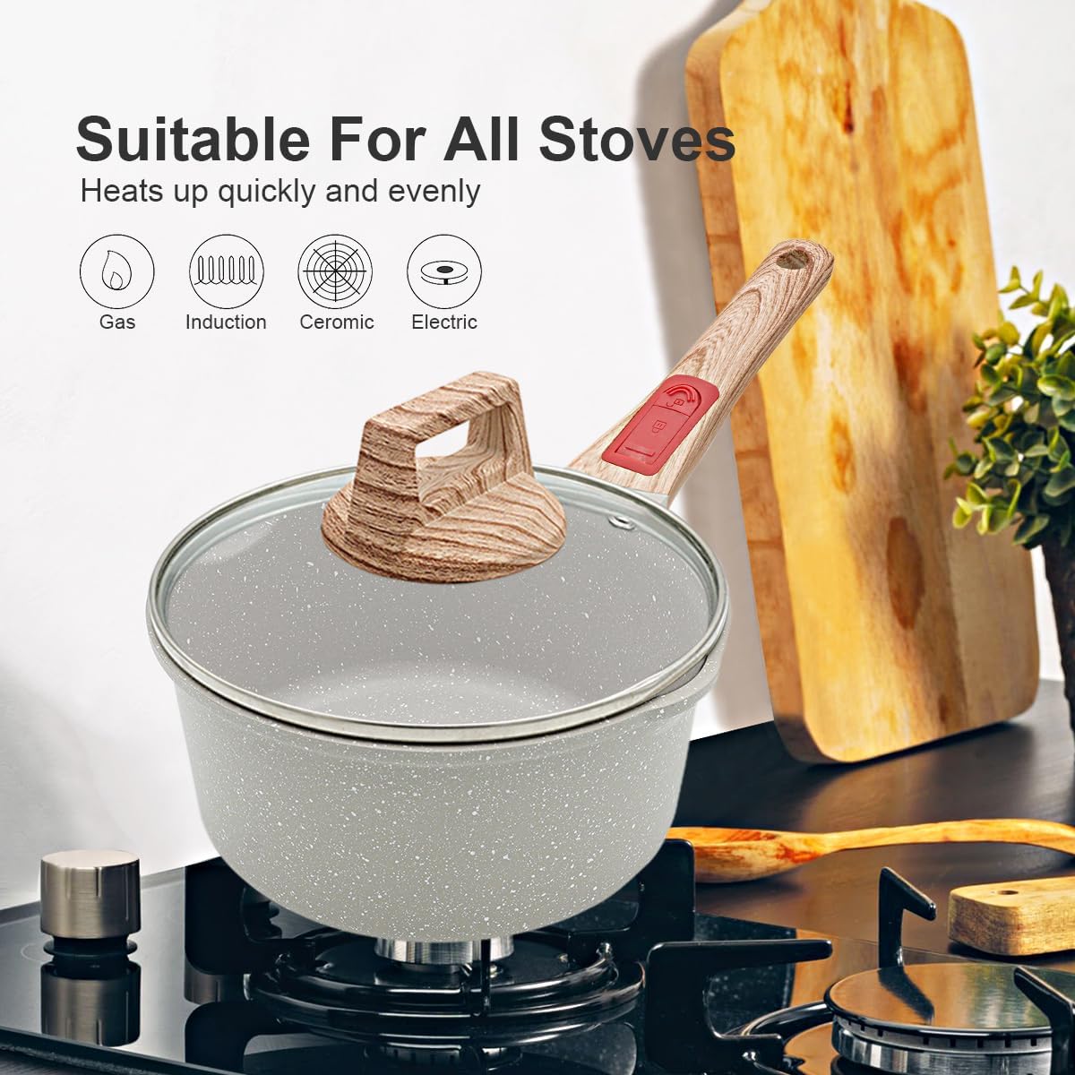 2.3 Quart Nonstick Saucepan with Lid, Small Sauce Pan for Cooking Milk Pot with Detachable Handle, Compatible for All Stoves, Oven Safe (White)