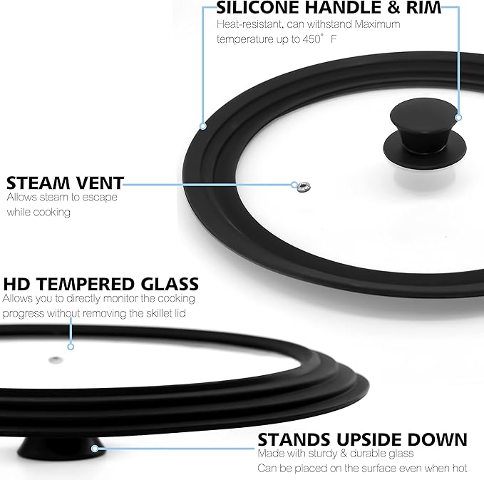 Anaeat Silicone Universal Lid for Pots, Pans and Skillets - Tempered Glass Covered with Heat Resistant Silicone Rim Fits All 7" to 12" Diameter Cookware -Easy to Use Replacement Frying Pan Cover