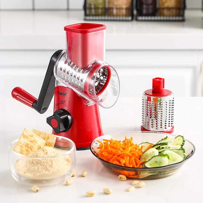 Geedel Rotary Cheese Grater, Kitchen Mandoline Vegetable Slicer with 2 Interchangeable Blades, Easy to Clean Rotary Grater Slicer for Fruit, Vegetables, Nuts