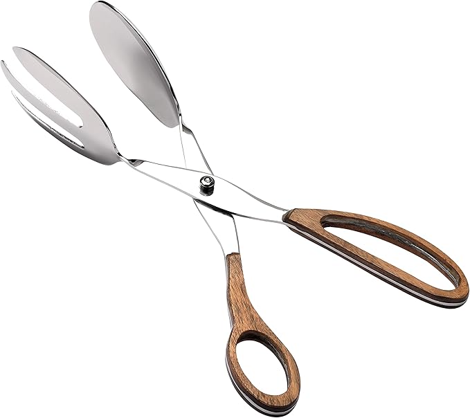 Folkulture Salad Tongs for Cooking | 11.5" Heat Resistant Kitchen Tongs, Salad Server or Metal Serving Utensil | Stainless Steel Cooking Accessory for Home, Buffet & BBQ | Wooden