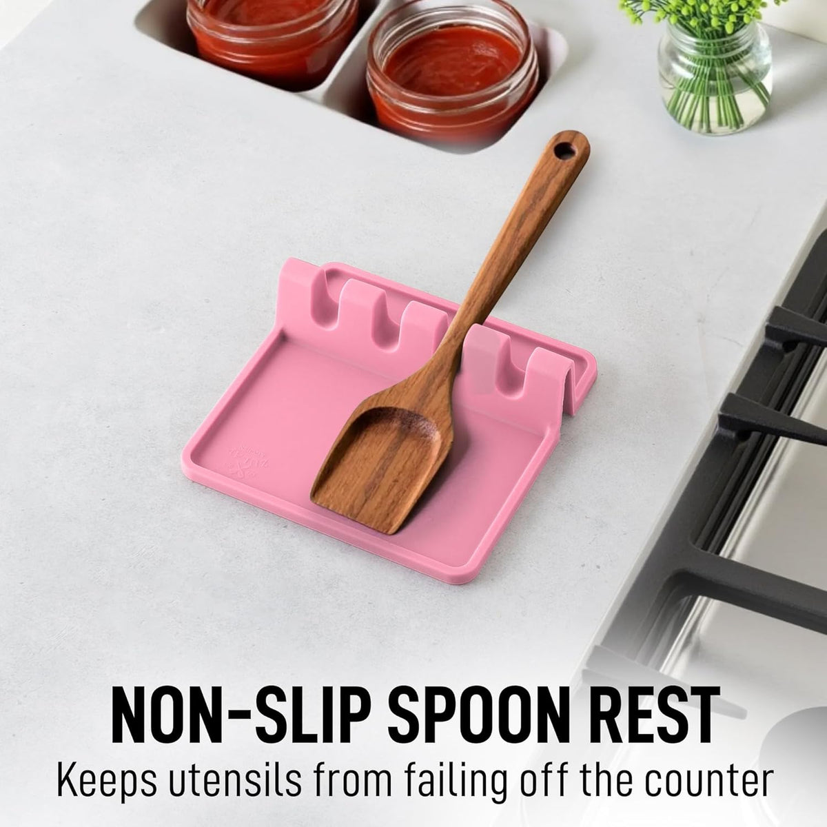 Zulay Kitchen Silicone Utensil Rest with Drip Pad for Multiple Utensils - BPA-Free, Heat-Resistant Spoon Rest & Spoon Holder for Stove Top - Kitchen Utensil Holder for Ladles & Tongs - Pink