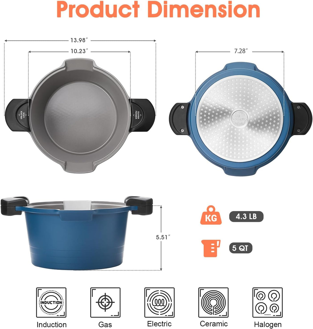 ACTIV CUISINE 5qt Pasta Pot with Strainer Lid, Cast Aluminum Stockpot Multipot, Nonstick Ceramic Coating make Cleanup easy with Tempered Glass Lid, Dishwasher Safe, Induction, Blue