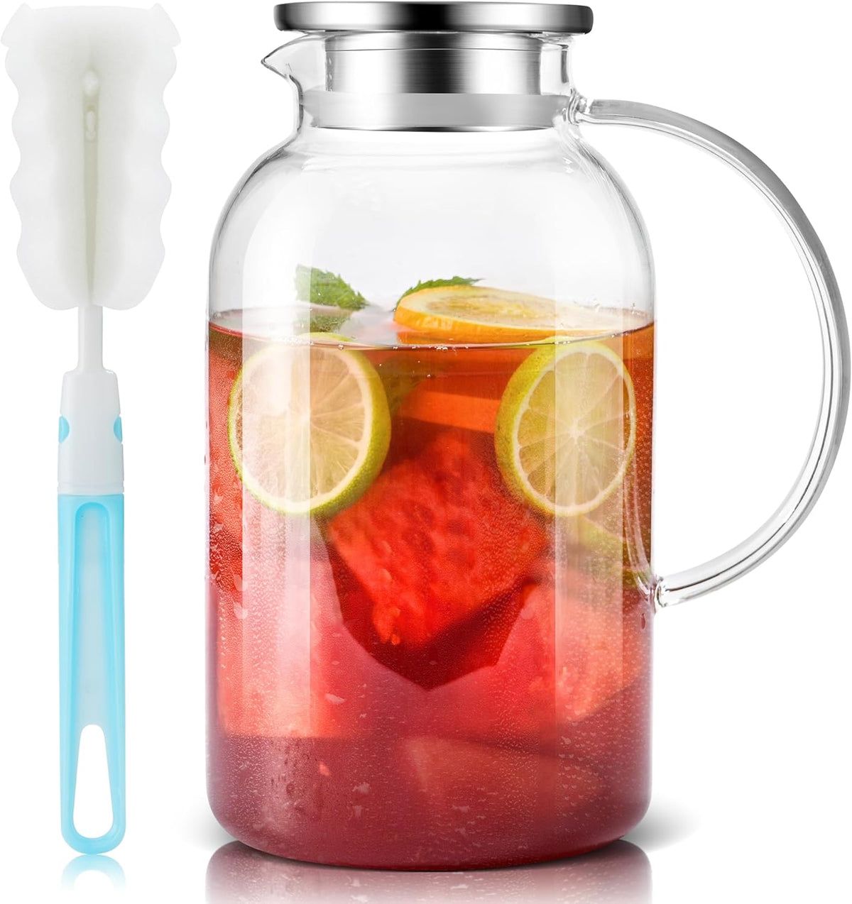 SUSTEAS 2.2 Liter 75oz Glass Pitcher with Lid, Easy Clean Heat Resistant Glass Water Carafe with Handle for Hot/Cold Beverages - Water, Cold Brew, Iced Tea & Juice, 1 Long-Handled Brush Included