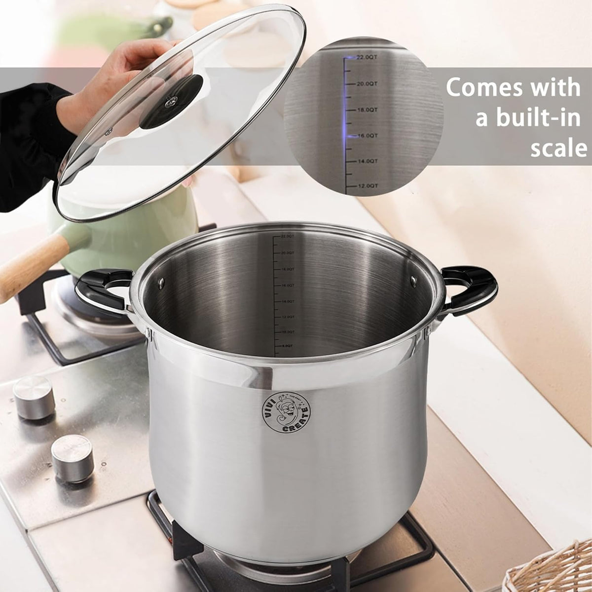 Vivicreate Stainless Steel Stock Pot with Lid Induction Compatible Soup Pot Heavy Bottom Cooking Pot with Built in Scale Olla de acero inoxidable para inducción