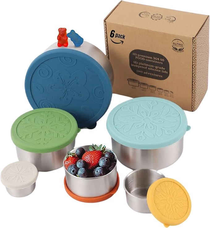 12 Pcs - 6 Stainless Steel Containers + 6 Silicone Lids | 304 Stainless Steel Snack Container | Nesting Snack and Dip Containers | Metal Food Storage