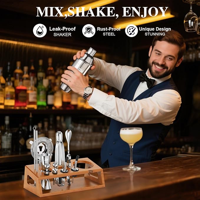 IOV Cocktail Shaker Set Bartender Kit with Stand | Bar Set Drink Mixer Set Includes Martini Shaker, Jigger, Strainer, Mixing Spoon, Muddler, Recipe Book | Home Bar Accessories Gift Set (Silver)
