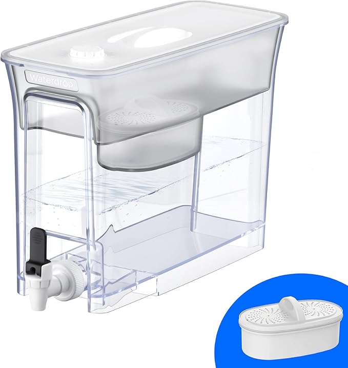Waterdrop 35-Cup Slim Water Filter Dispenser, Large Capacity, 200-Gallon Long-Life, Faster Filtration, Reduces Chlorine, PFOA/PFOS and More, BPA Free, White (with 1 Filter)