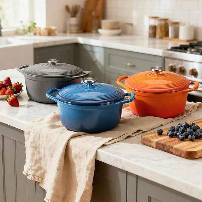 Overmont Enameled Cast Iron Dutch Oven - 5.5QT Pot with Lid Cookbook & Cotton Potholders - Heavy-Duty Cookware for Braising, Stews, Roasting, Bread Baking Orange