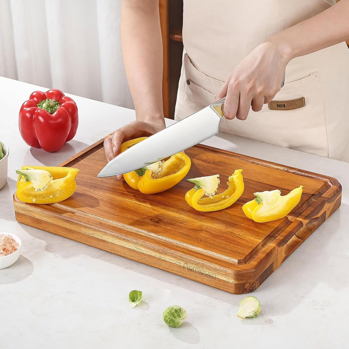 Large wood Cutting Board for Kitchen with Juice Handles ， Chopping Board Cheese Charcuterie Board (Striped cutting board)