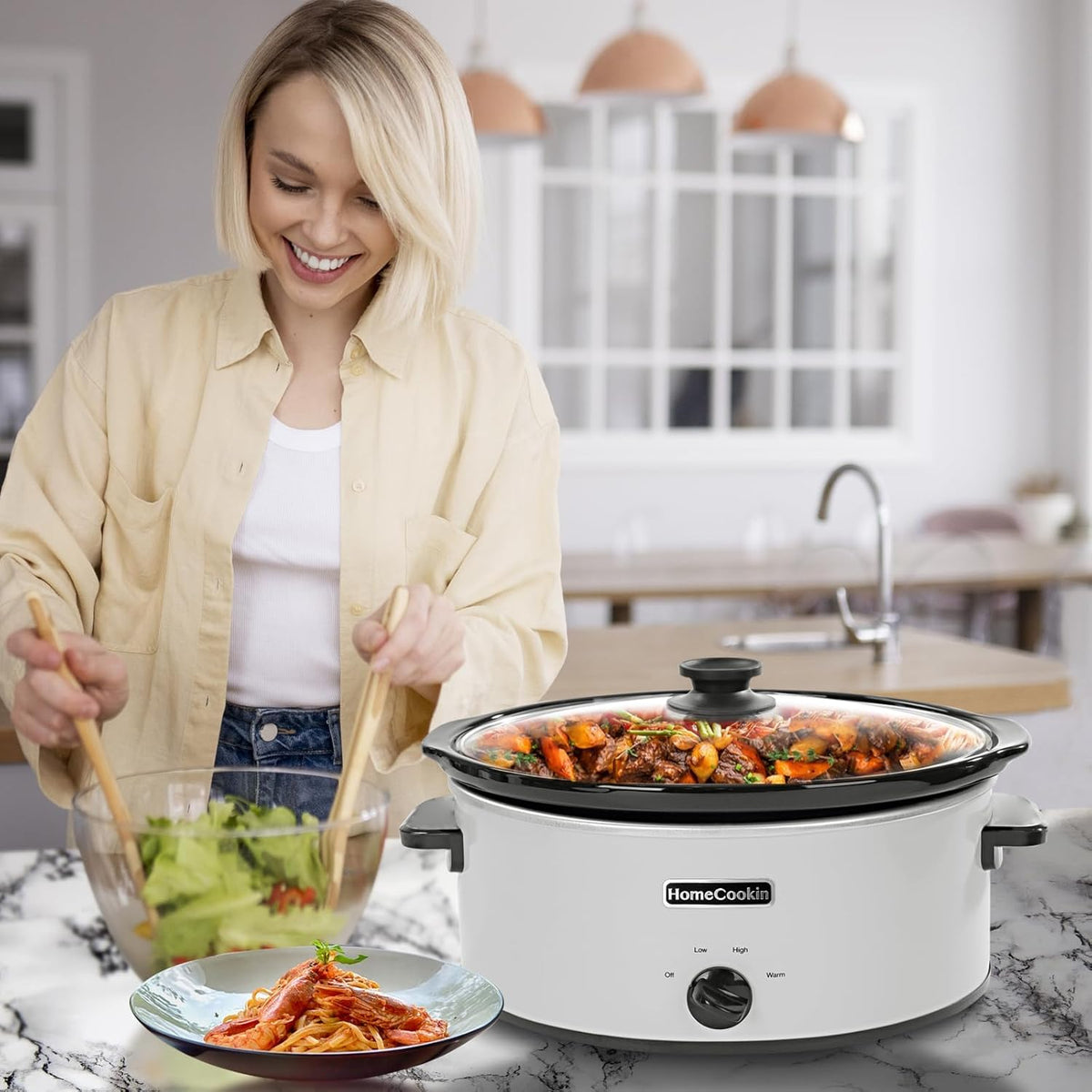 HOMECOOKIN 7 Quart Slow Cooker Oval Manual Pot Food Warmer with 3 Cooking Settings, White Stainless Steel