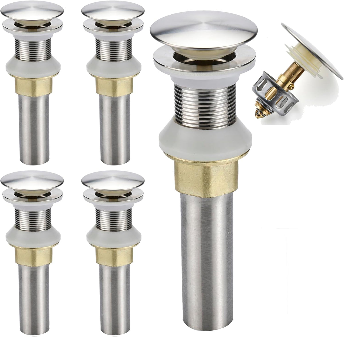 Bathroom Sink Drain,5 Pack Drain Stopper Bathroom Sink Without Overflow,Pop Up Drain Assembly with Detachable Strainer Basket,Built-in Anti-Clogging Strainer,Stainless Steel Brushed Nickel