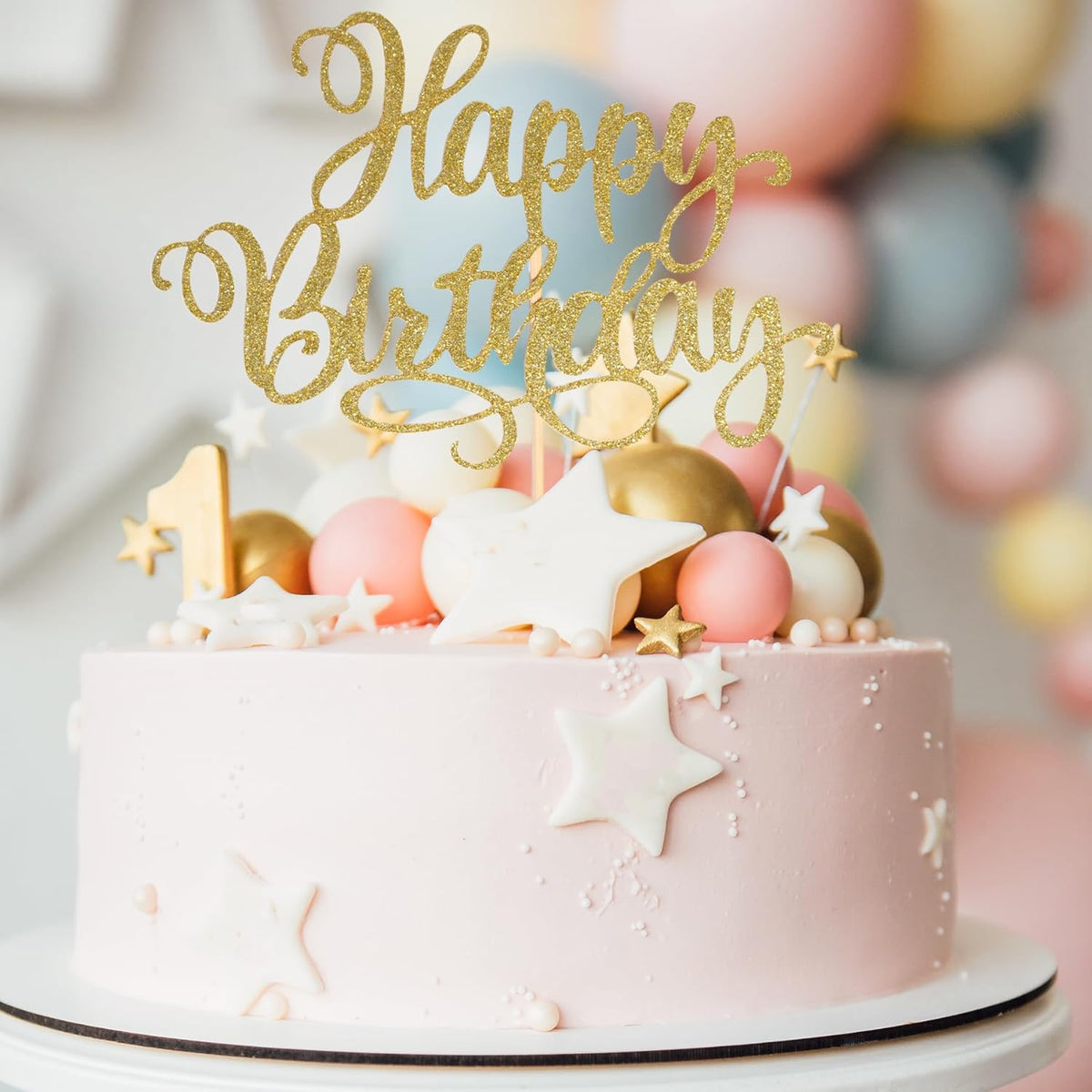 Happy Birthday Cake Toppers 9 Inch Glitter Happy Birthday Cake Pick for Birthday Anniversary Theme Party Cake Decorations Supplies - Champagne Gold