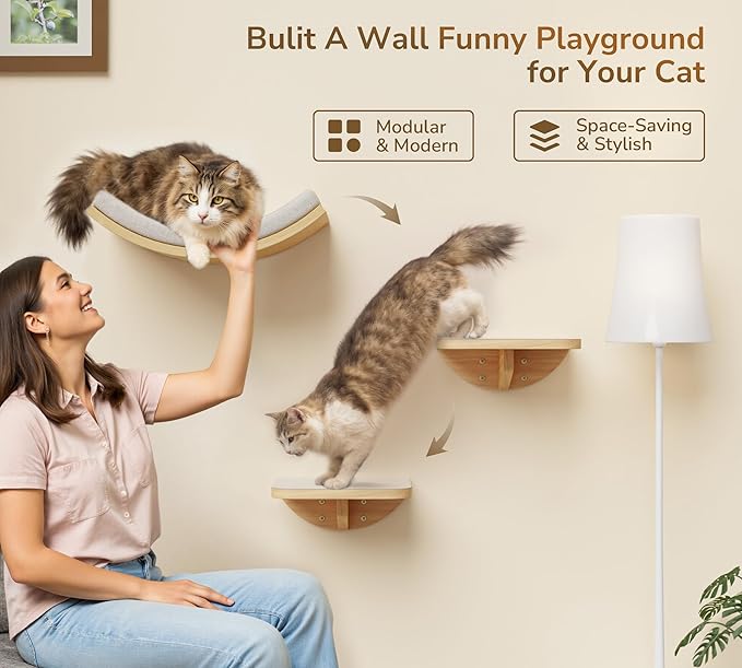Wall Mounted Cat Steps 2 Pack – Square Wood Cats Shelves with Felt Cushions for Climbing, Jumping & Resting