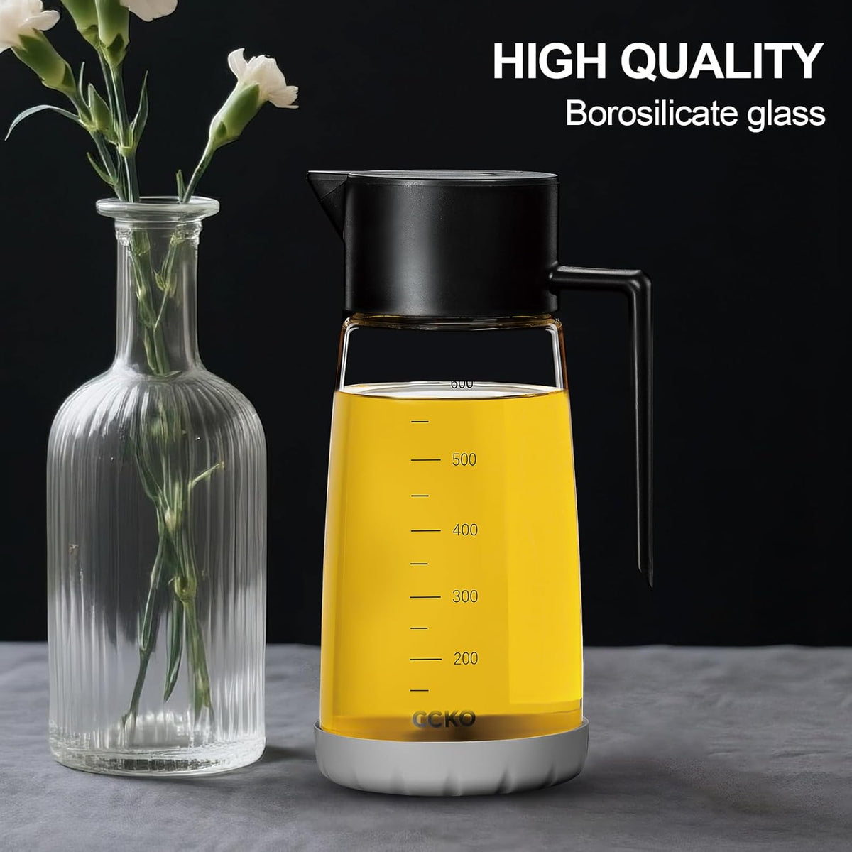 Olive Oil Dispenser Bottle for Kitchen with Leakproof and Dust Cover, Auto-Open & Close Glass Olive Oil Bottle with Non-Slip Bottom 600ml Cooking Oil and Vinegar Cruet Dispenser (Blue)