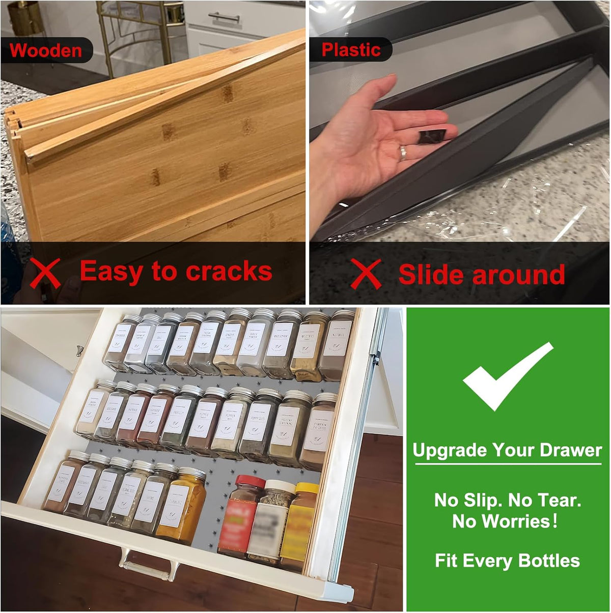 Gosmol Spice Drawer Organizer insert, Adjustable & Non-Slip Silicone Spice Drawer Liner for Seasoning Jars and Spice Bottles, Set of 2-Grey