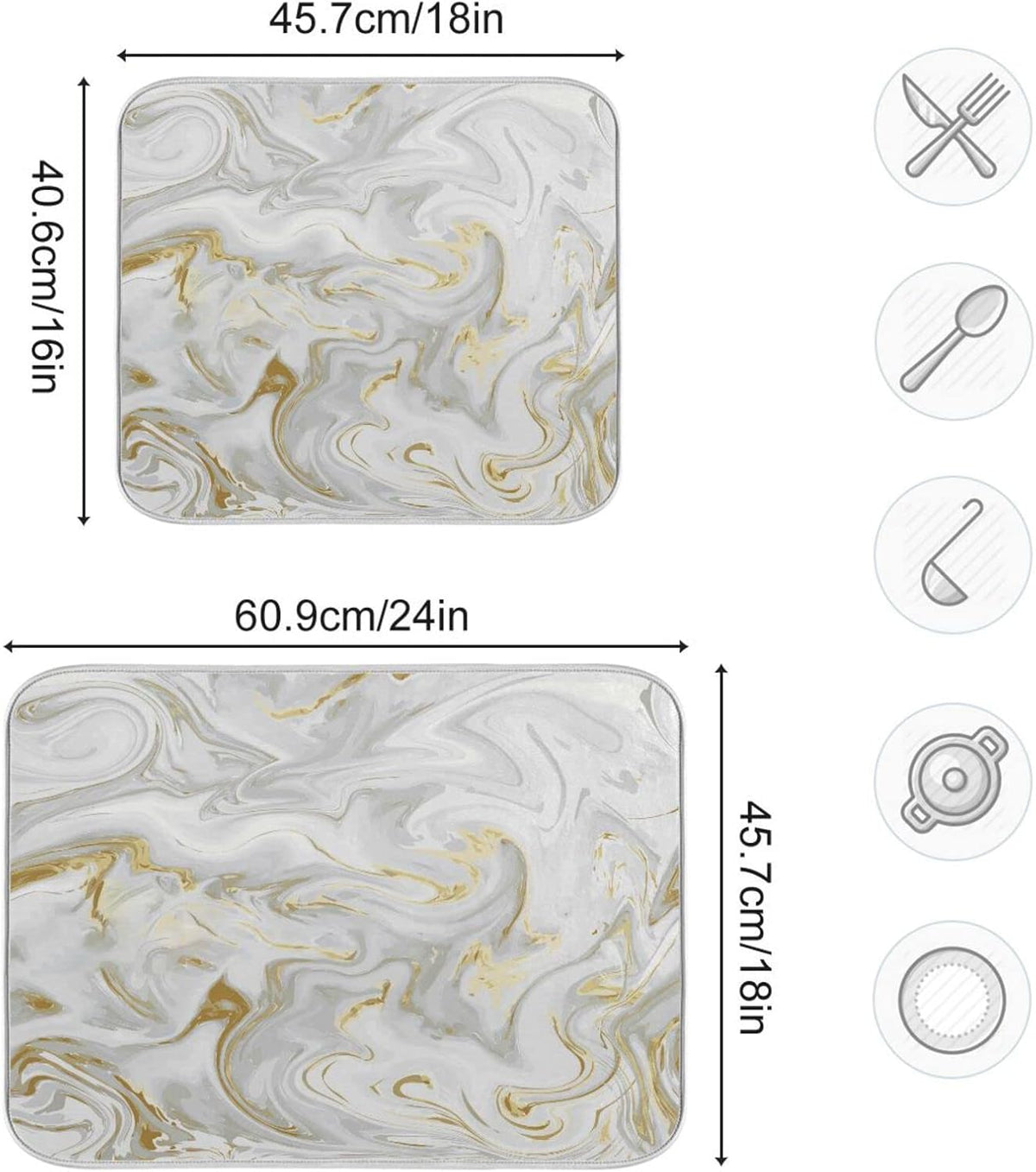 White Grey Gold Marble Fluid Dish Drying Mat for Kitchen Counter Absorbent Microfiber Drying Pad, Large 18x24 in, Reversible Drainer Mats
