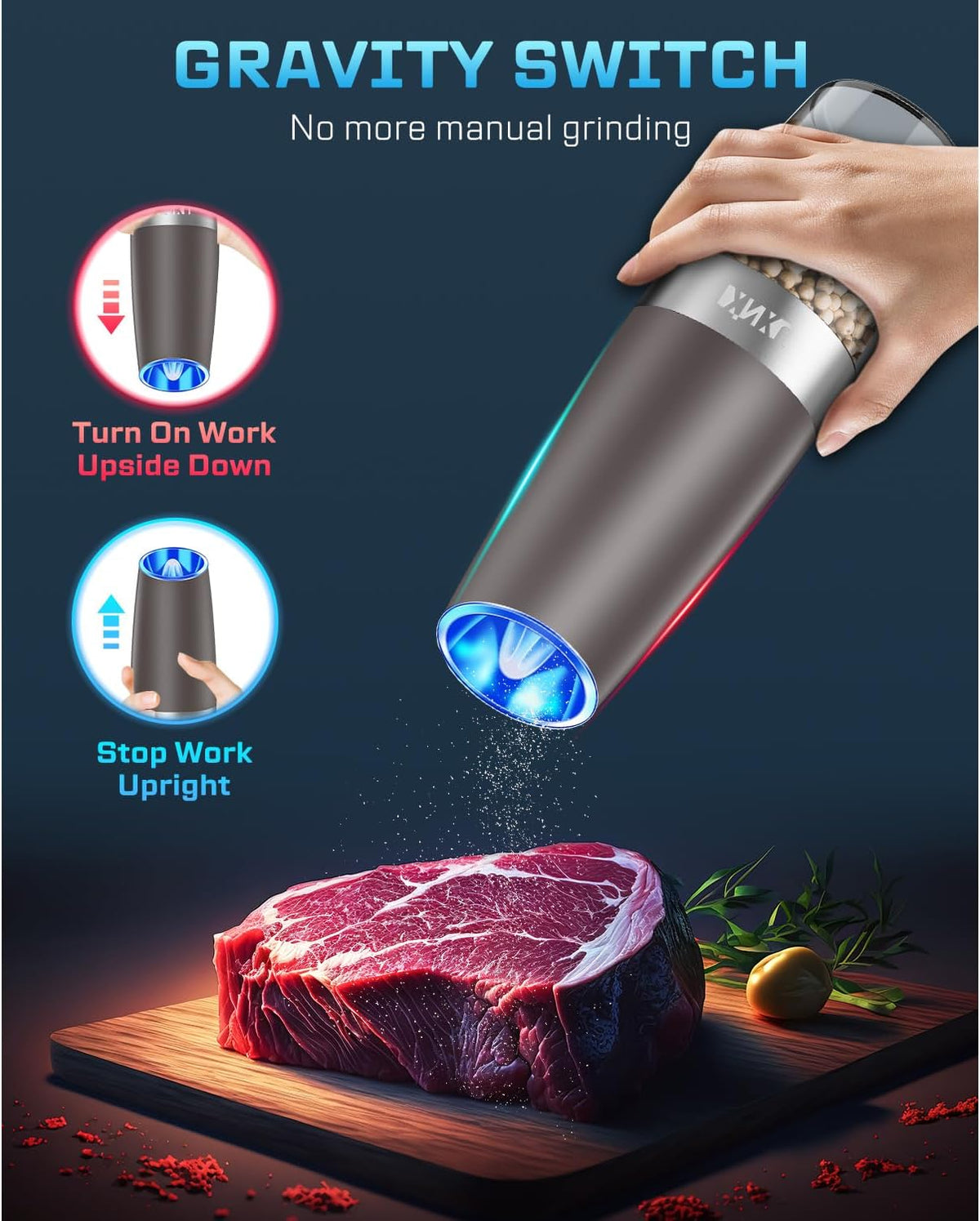 XinXu Gravity Electric Pepper and Salt Grinder Set, Adjustable Coarseness, with LED Light, One Hand Automatic Operation (Set/Brown L)