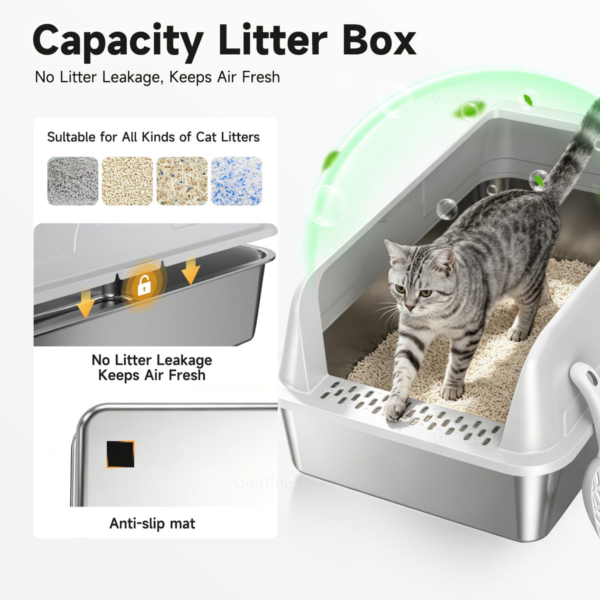 OneBug High-Sided Stainless Steel XL Cat Litter Box for Cats