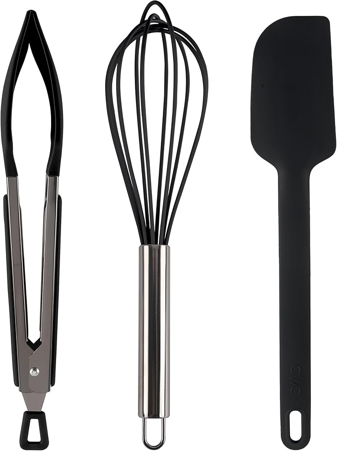 COOK WITH COLOR Stainless Steel Silicone Tipped Kitchen & BBQ Tongs Set, 3 Pc Utensils, Black