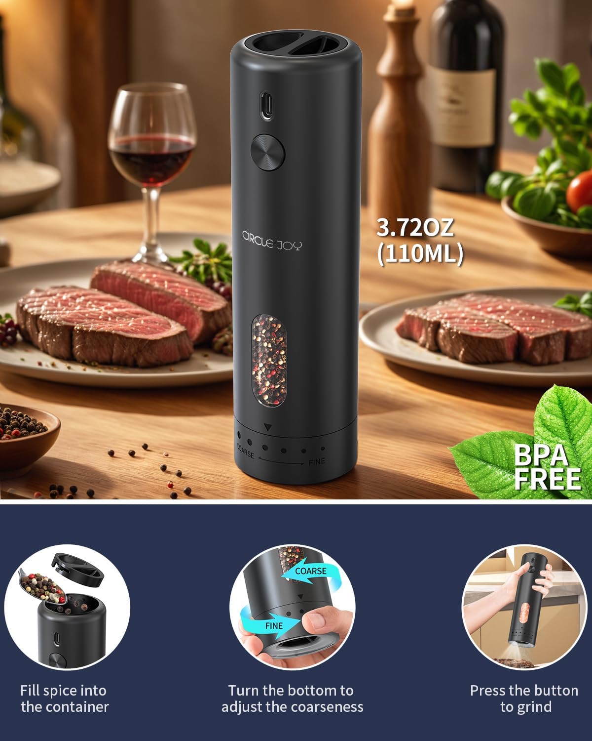 CIRCLE JOY Electric Pepper Grinder Rechargeable, Automatic Pepper Mill with 110ml Container, External Adjustable Coarseness, White Led Light and One-Handed Operation, Black