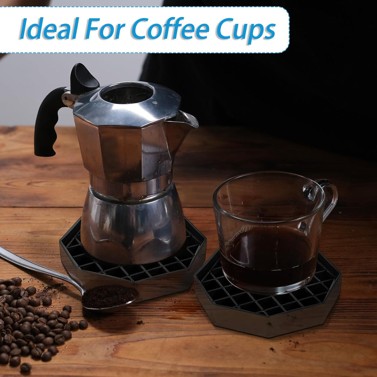 Suclain 8 Pcs 6 Inch Coffee Drip Tray Black Plastic Octagon Coffee Countertop Drip Coaster with Honeycomb Grid for Drink Tea Wine Beverage Dispenser