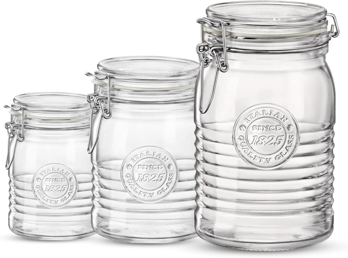 Bormioli Rocco Officina 1825, Set of 3 - Clear Glass Jars with Swing Top - Vintage Industrial Style Airtight Containers for Dry Food Storage, 33.75 Oz, 25.25 Oz, 17 Oz - Dishwasher Safe, Made in Italy