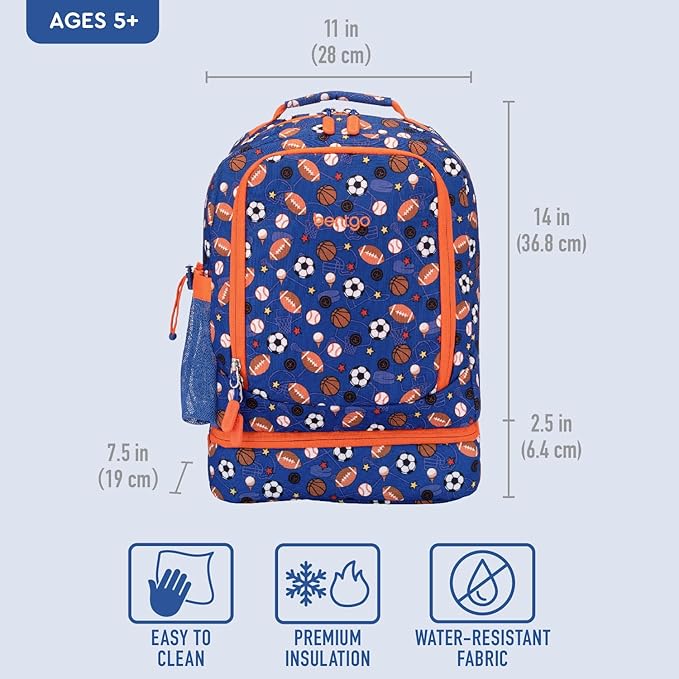Bentgo Kids 2-in-1 Backpack & Insulated Lunch Bag - Durable 16” Backpack & Lunch Container in Unique Prints for School & Travel - Water Resistant, Padded & Large Compartments (Sports)