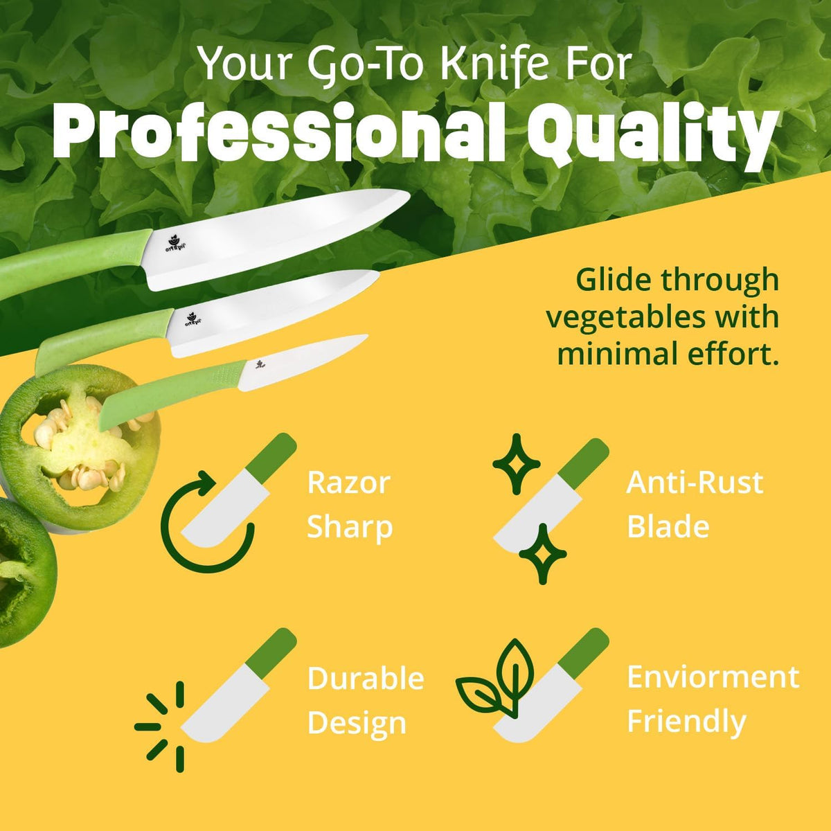Ceramic Knife Set with Ergonomic Handle, Non-Reactive and Professional Chopping Knife Featuring Sharp, Santoku Blades for Cutting Vegetables & Fruits, Ceramic Kitchen Knives Set of 3 - 6”, 4”, 8”