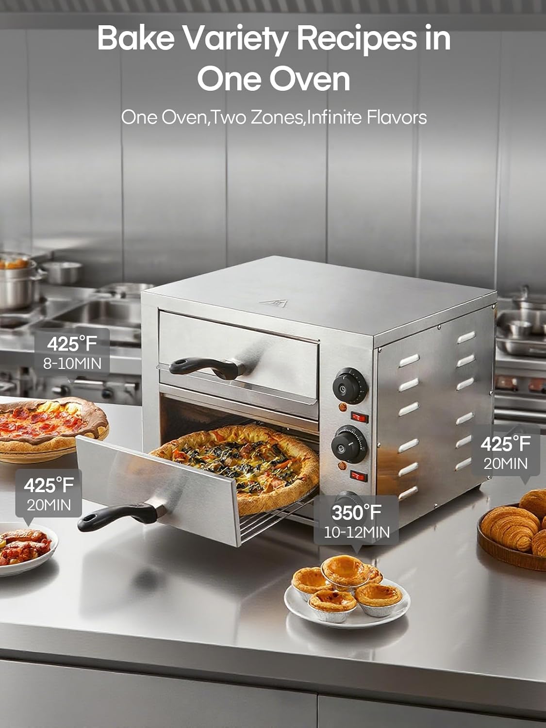 Commercial Pizza Oven, 12 Inch Countertop Pizza Ovens with 662°F Max Temp, 2-Layer Electric Pizza Cooker with Alert Timer, 1700W Stainless Steel Pizza-Maker Machine, for Restaurant,Home, Party, Silver