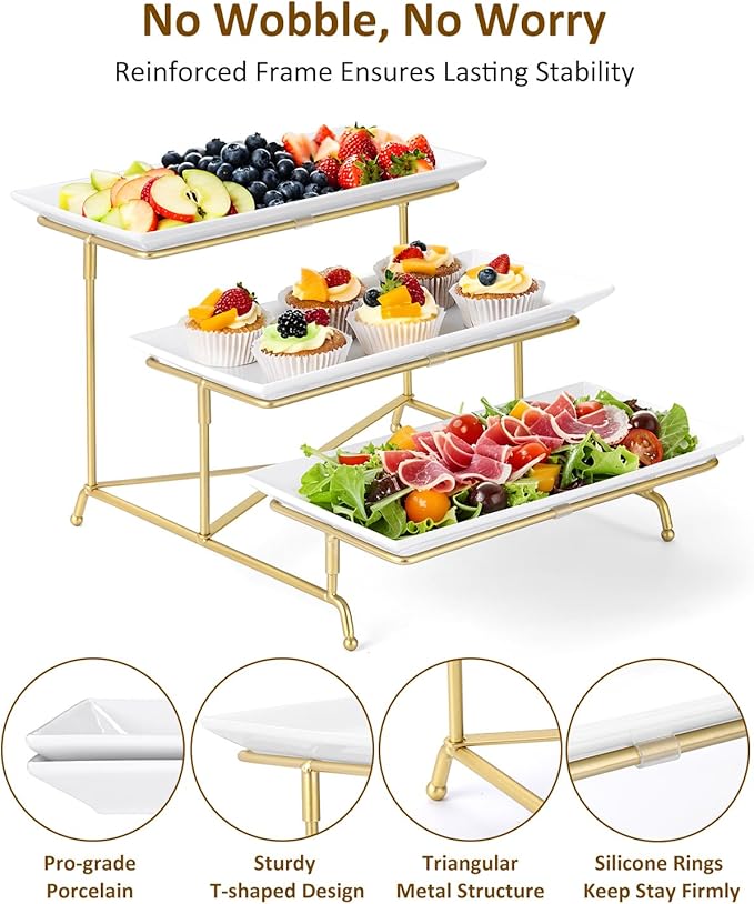 Yedio 3 Tier Serving Tray Set Porcelain Tiered Serving Platters, Collapsible Sturdier Stand with Stable Cross Bars, 12 Inch Three Layer Serving for Party Entertaining Food Display Fruit Dessert