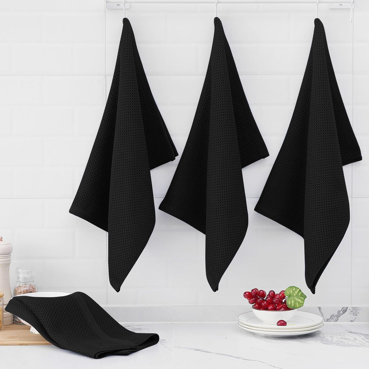 Homaxy 100% Cotton Oversized Waffle Weave Kitchen Dish Towels, Ultra Soft Absorbent Quick Drying Cleaning Towel, 20 x 28 Inches, 6-Pack, Black