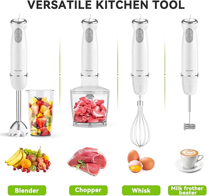 Immersion Blender Handheld 5 in 1 Hand Blender, 1000W Hand Mixer Stick, BPA-Free 12 Speed Handheld Blender with Mixing Beaker, Chopper, Whisk and Milk Frother for Soup, Sauce, Baby Food (White)