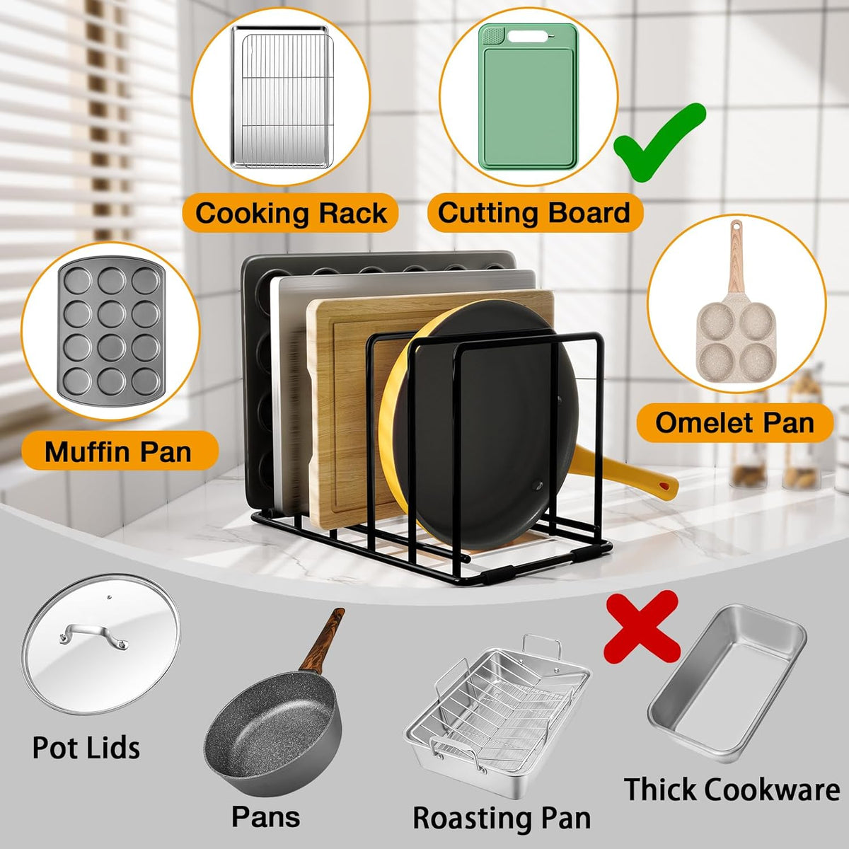 Kitchen Pan Organizer and Pot Rack, 5-Slot Steel Holder for Thin Pans, Baking Trays, and Cutting Boards - Space-Saving Storage