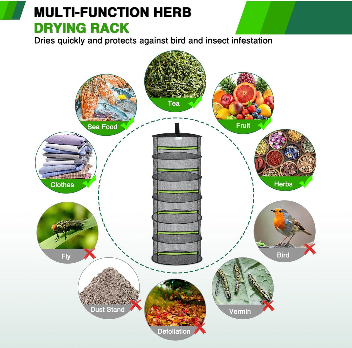 Yesker 6 Layer Herb Drying Rack Hanging Mesh Net Foldable Plant Drying Racks 24" w Green Zipper Pruning Shears Hook Dryer Hanging Rack for Herbs Seed Bud Fruit Clothes Grow Tent Closets Garden Outdoor