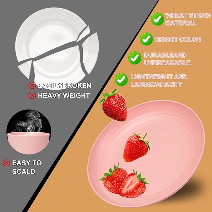 Rubtlamp 16Pcs Plastic Wheat Straw Dinnerware Set, Reusable Plastic Plate Set for 4, Kitchen Plates And Bowls Set (Pink) Include Dinner Platos, Dessert Platos, Cereal Bowls, Cups for Daily, Camping