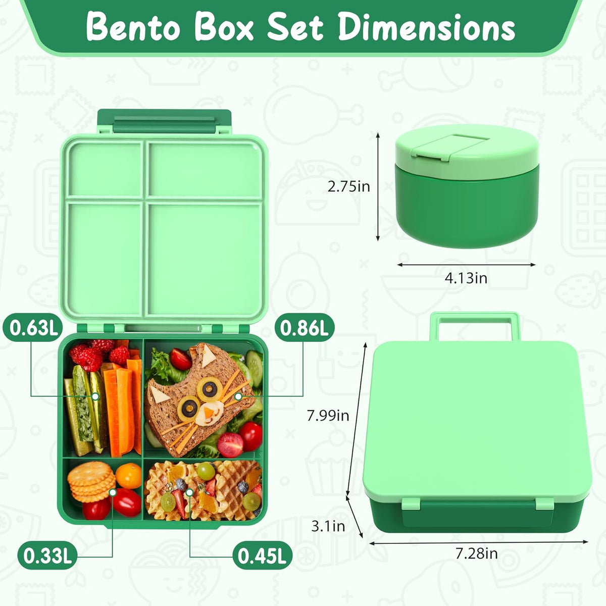 Bento Lunch Box with 8oz Soup Thermo, Leak-Proof Lunch Containers with 4 Compartment, Thermo Hot Food Jar and Insulated Lunch Box for School Green