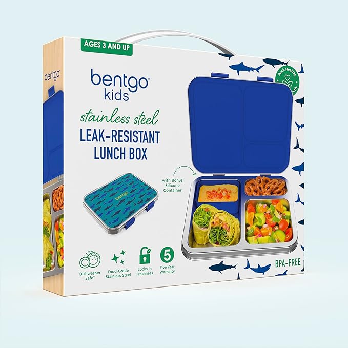 Bentgo Kids Stainless Steel Prints Leak-Resistant Lunch Box - 3-Compartments with Bonus Silicone Container, Durable, Eco-Friendly, Dishwasher Safe, BPA-Free, Ideal for School, Ages 3+ (Shark)