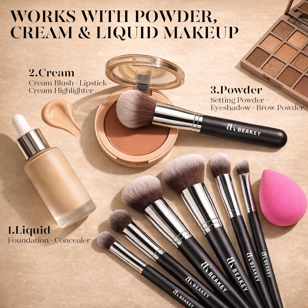 BEAKEY Makeup Brush Set,13 Pcs with Case,10 Brushes and 2 Sponges