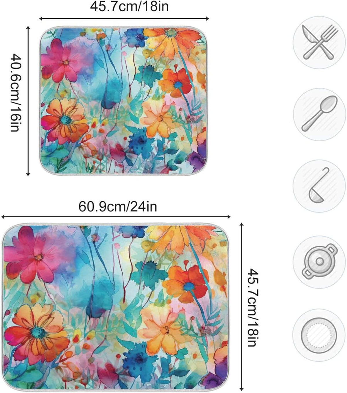 Colorful Beautiful Flowers Dish Drying Mat for Kitchen Counter Absorbent Microfiber Drying Pad, Large 18x24 in, Reversible Drainer Mats