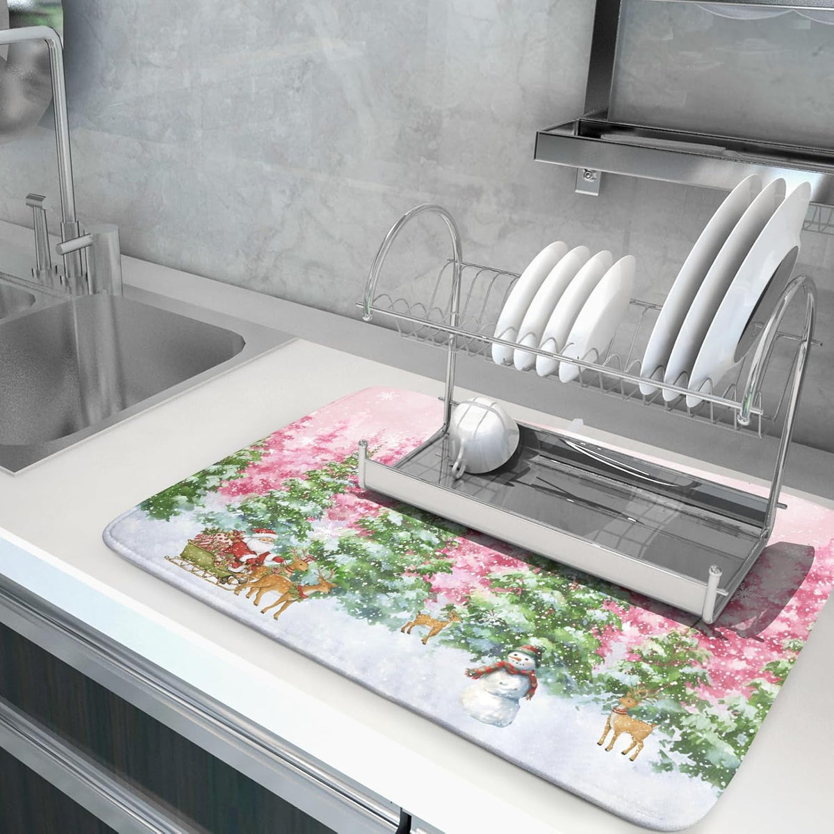 Winter Dish Drying Mats for Kitchen Counter Watercolor Forest Decoration Coffee Mat for Holiday Decor