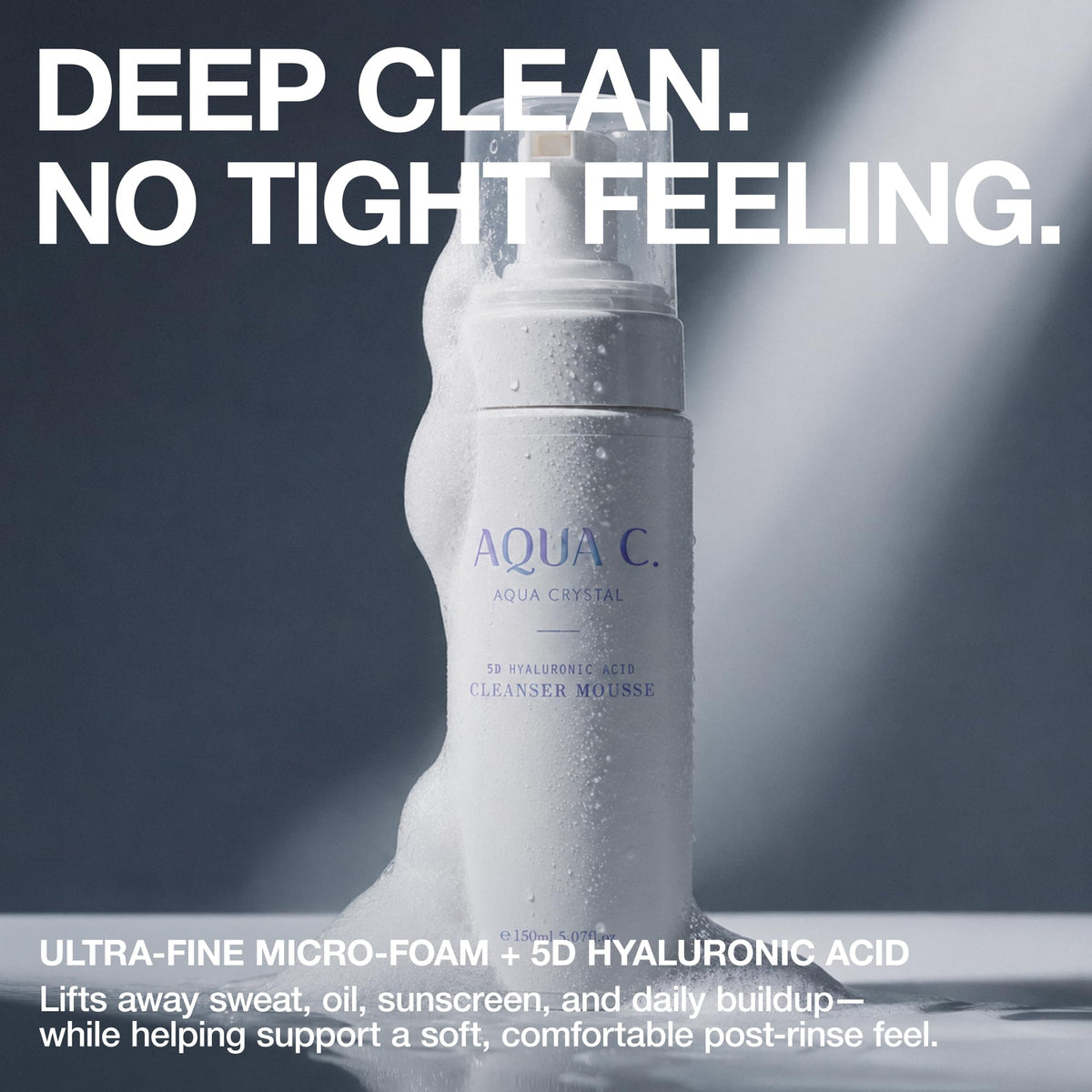 AQUA C. 3-in-1 Micro Foam Face Wash, Hydrating Cleanser with Hyaluronic Acid, Makeup Remover Foam, Clean-Rinse Finish, 5.07 fl oz – For Women